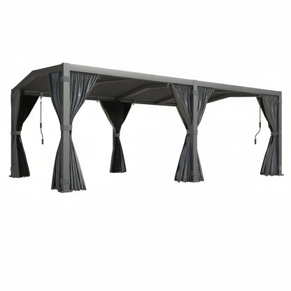12X20 Louvered Pergola,Dark Grey Aluminum Frame with Adjustable Rainproof Roof, Featuring Waterproof Curtains and Nets